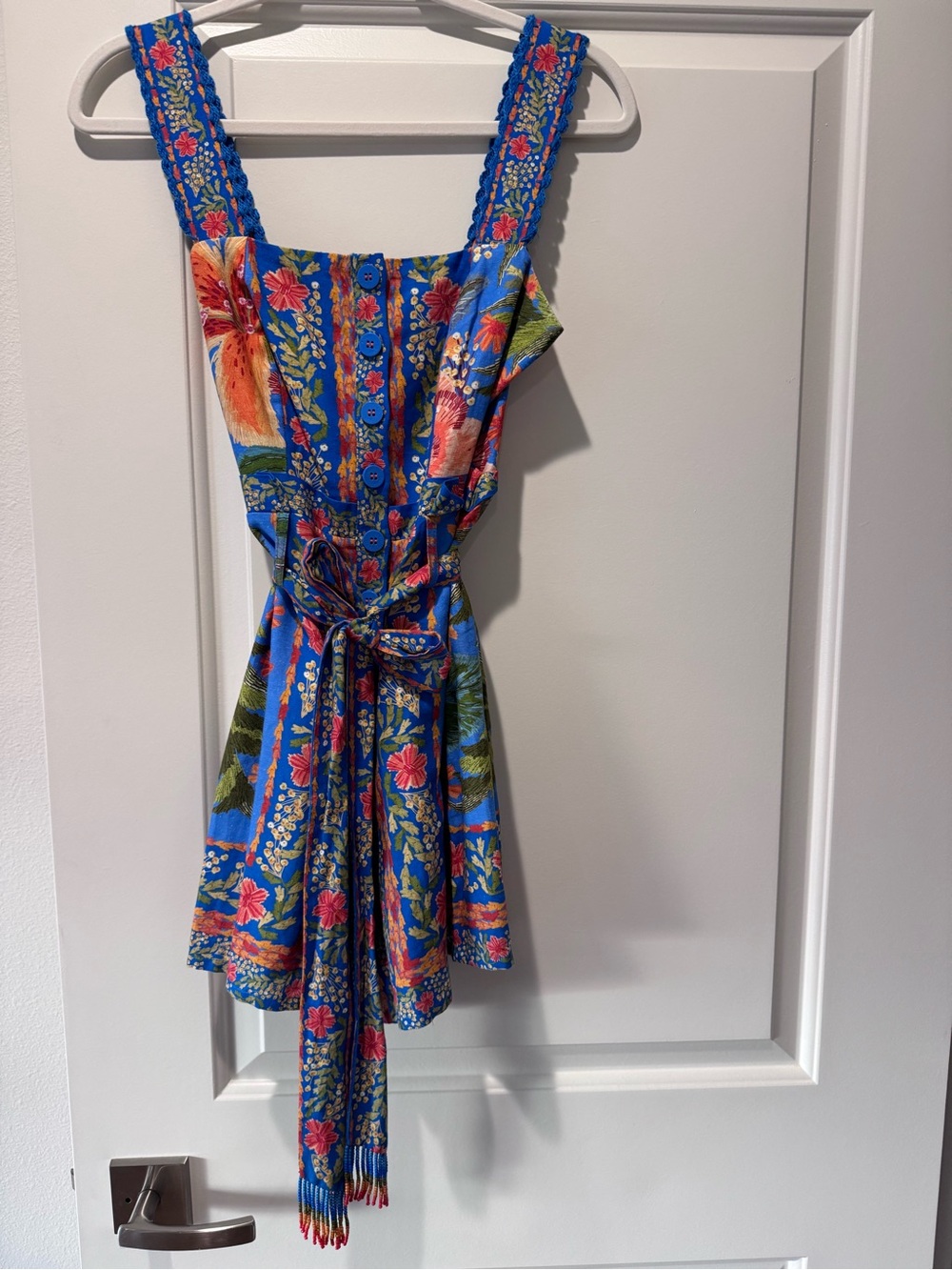 Farm Rio Womens Blue Floral Romper with Beaded Belt, size small
